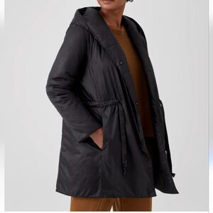 Eileen Fisher Black large Eggshell Recycled Nylon Hooded Coat adjustable waist